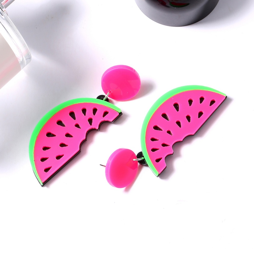 Watermelon Slice Acrylic Fruit Drop Post Earrings - Picture 6 of 7